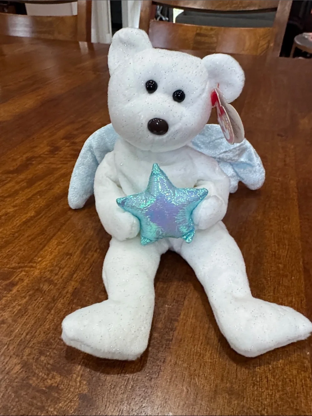 Ty Beanie Babies “Star” White Sparkle Bear Plush with Iridescent Star